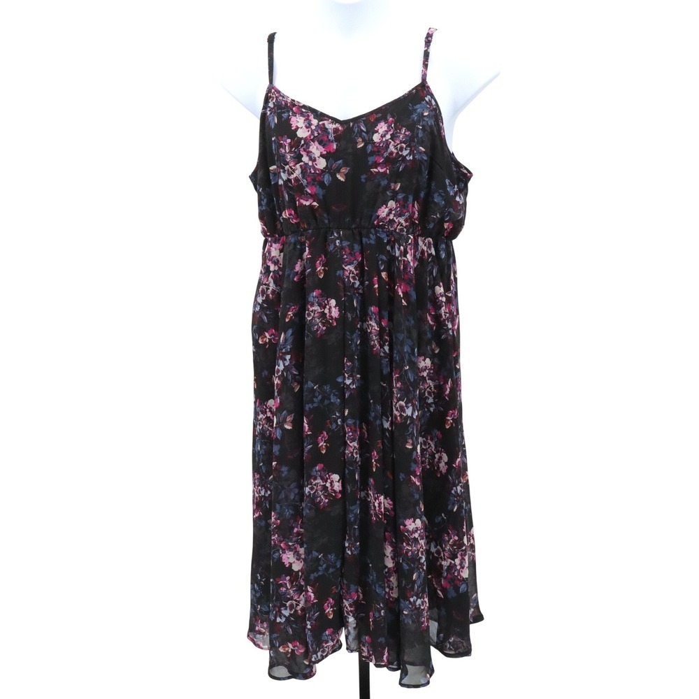 Torrid Floral Chiffon Midi Dress 1X Black Pink Empire Waist Pockets Plus - Picture 3 of 11
